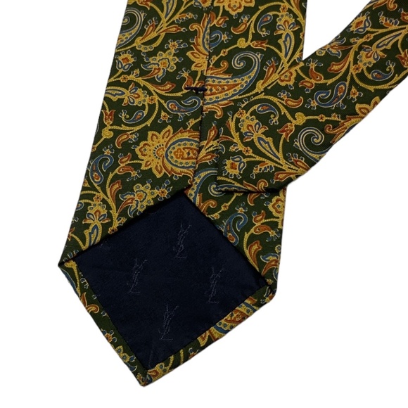 YVES SAIN LAURENT Green/Gold Paisley Silk LUXURY Tie ITALY - Picture 4 of 4